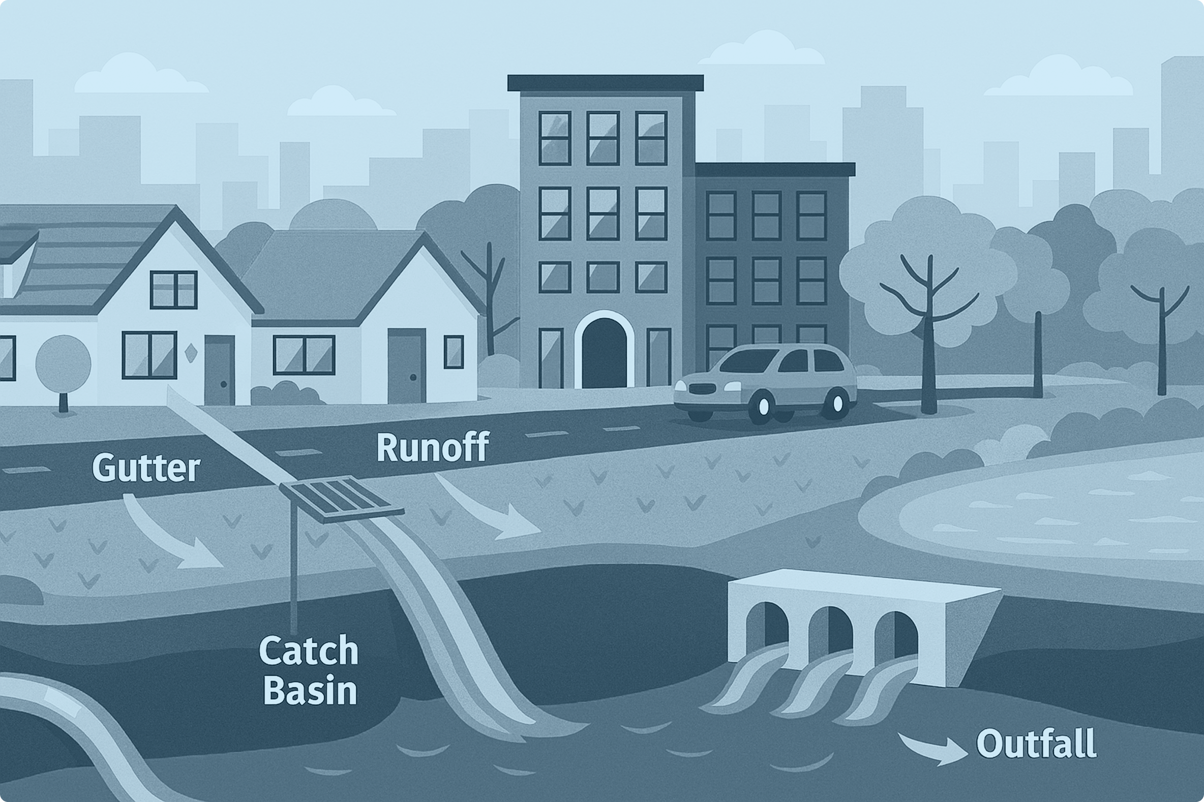 illustration showing gutter, runoff, catch basin, and outfall